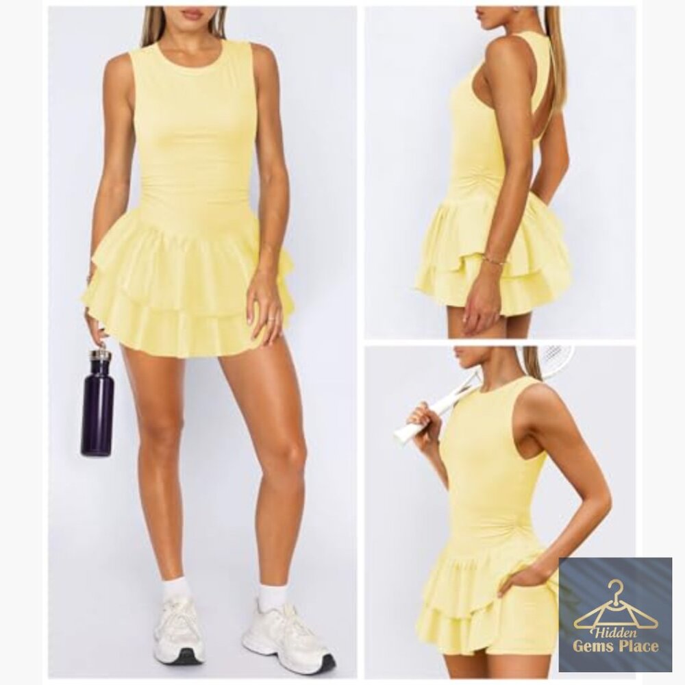 Slim Fit Tennis Dress with Built-in Shorts, Ruffle Pleats, Keyhole Back - Picture 3 of 6